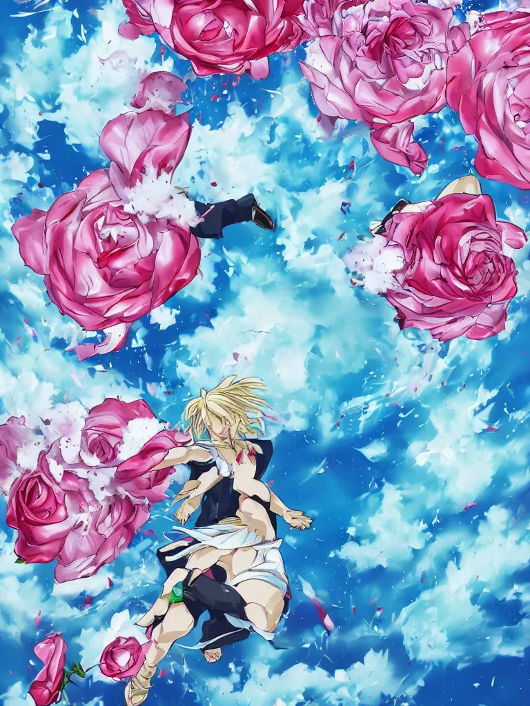 Prompt: hadoken force ball of white and pink roses, flowers exploding and splattering, blue sky, big puffy clouds, spraypaint, totem 2, exploding roses, hodouken, large rose petals, lotus petals, large triangular shapes, studio ghibli anime, radiant lighting, artgerm, manga, trending on artstation, art nouveau, mature colors