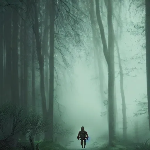 Prompt: Link from Legend of Zelda walks alone through the woods at night, gloomy, dark, foggy, night, ominous, dark color, atmospheric, cinematic lighting, intricate detail?