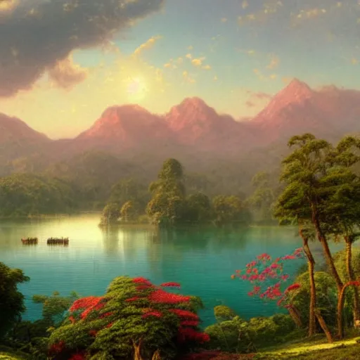 Prompt: A landscape with a lake surrounded by lush colorful vegetation, next to the lake are some mammals, in the background is a mountain range, in the foreground some travelling Neanderthals, volumetric lighting, ray lighting from top of frame, crepuscular ray lighting from above, dynamic lighting, muted colors, by Greg rutkowski, thomas kinkade, Andreas rocha, john howe, pixar, f16, hd, 4k