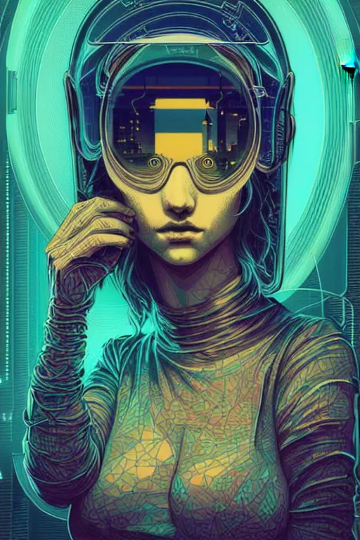 Image similar to dreamy cyberpunk girl, abstract mirrors, digital nodes, beautiful woman, detailed acrylic, grunge, intricate complexity, by dan mumford and by alexandros pyromallis intaglio