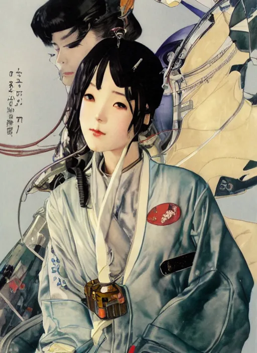Image similar to a copic maker art nouveau portrait of a japanese anime girl wearing a futuristic balenciaga pilot suit with a puffy kimono by john berkey norman rockwell
