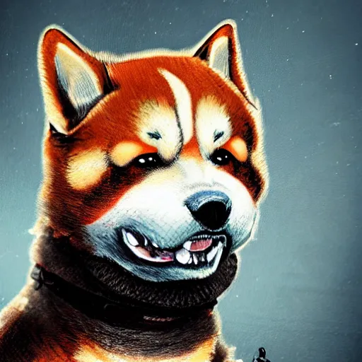 Prompt: color head portrait of shiba inu as a zombie, 7 days to die zombie, gritty background, fine art, award winning, intricate, elegant, sharp focus, cinematic lighting, digital painting, 8 k concept art, art by michael hussar, art by brom, art by guweiz and z. w. gu, 8 k