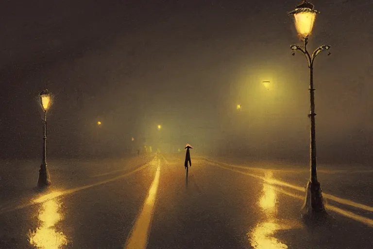 Image similar to lonely road of moscow at night with a single lamp post, walking woman with umbrella, artstation, detailed, by greg rutkowski,