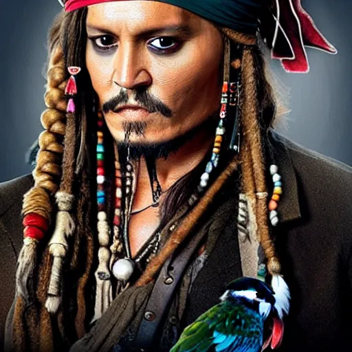 Image similar to johnny depp as jack sparrow with a parrot on the shoulder, realistic portrait, 8k resolution, hyper detailed, studio lighting, cinematic