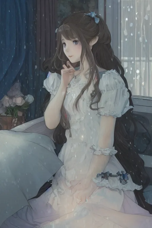 Prompt: a young lolita dressed girl in a maid's outfit in the bedroom typing front the notebook at night, raining outside the window, grey and blue theme, wavy white long hair by krenz cushart and mucha and akihito yoshida and makoto shinkai and greg rutkowski, 4 k resolution