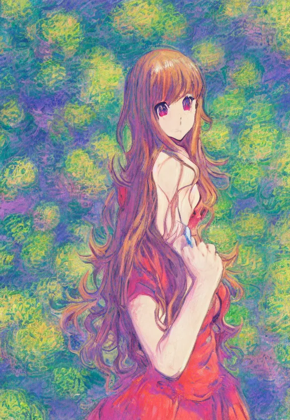 Image similar to wide angle painting of a teenage girl, a thrifty outfit, somewhat of an anime in impressionist style, fantasy forest background, trending artwork, illustrated in anime painter studio, by claude monet and an anime artist, collaboration