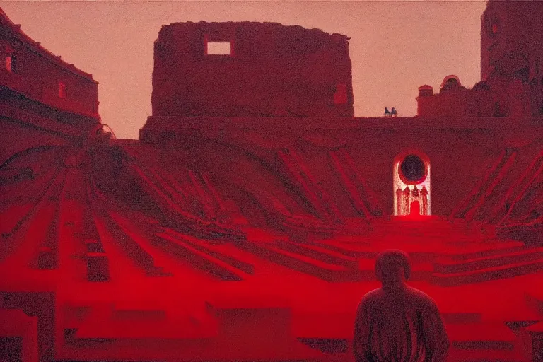 Image similar to only with red, a red melted emperor, taormina amphitheatre, crowd hails him happy, in the style of beksinski, parts by edward hopper, parts by rodcenko, parts by yue minjun, intricate and epic composition, red by caravaggio, insanely quality, highly detailed, masterpiece, red light, artstation, 4 k