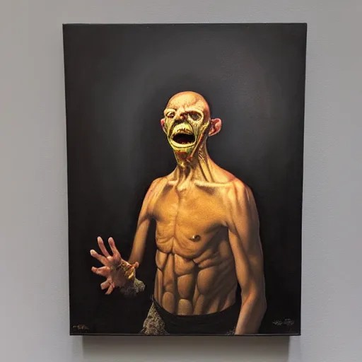 Image similar to oil painting by christian rex van minnen of a portrait of an extremely bizarre disturbing mutated man with intense chiaroscuro lighting perfect composition