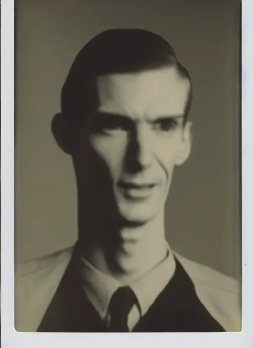 Image similar to Polaroid photo of a tall thin pale man gesturing at the camera, tilting his head with an inhuman grin