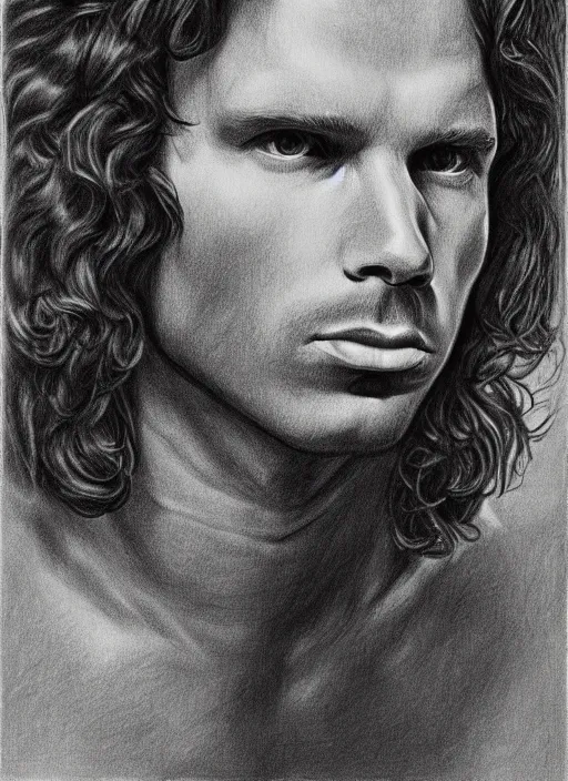 Image similar to Jim Morrison black and white vintage drawing, artistic realism, portrait, pencil, detailed, 4k, beautiful, realistic