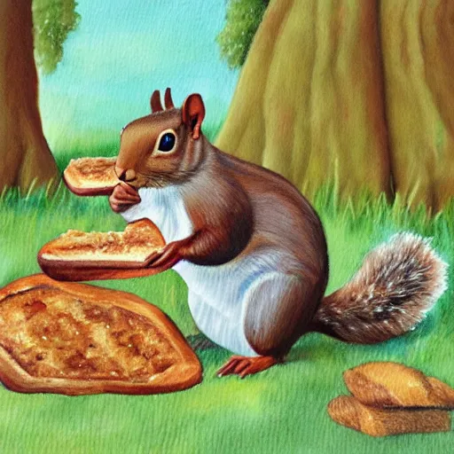 Prompt: A painting of a squirrel sharing bread with his squirrel children