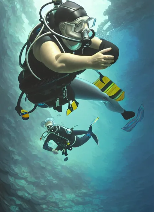 Image similar to underwater scuba diver eric pickles, natural lighting, path traced, highly detailed, high quality, digital painting, by don bluth and ross tran and studio ghibli and alphonse mucha, artgerm