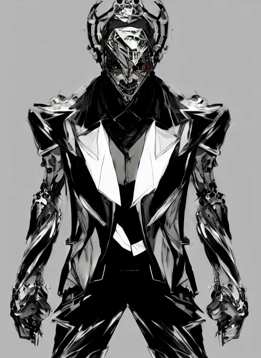 Image similar to Full body portrait of a god of intellect, a man in a tuxedo wearing a shattered mirror mask. In style of Yoji Shinkawa and Hyung-tae Kim, trending on ArtStation, dark fantasy, great composition, concept art, highly detailed, dynamic pose.