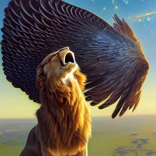 Image similar to a realistic oil painting of a winged lion's body with an eagle!! head, at sunset with a sky full of stars, highly detailed, trending on artstation, by james gurney and michael whelan and krenz cushart and alphonse mucha