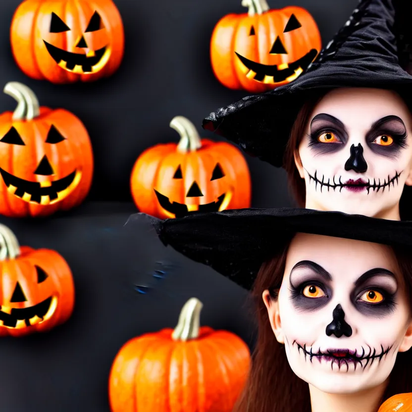 Prompt: an up close macro style photo of a halloween witch cute character face sticker, 4 k, magazine photo, spooky background, 8 k,