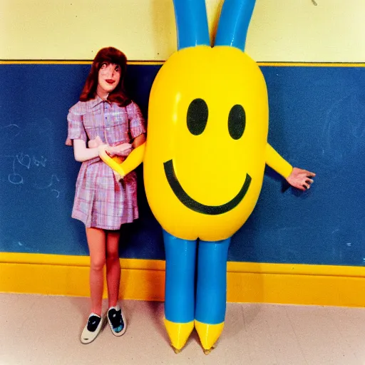 Image similar to 1978 teenage girl holds hands with smiley inflatable boyfriend at high school, color John Waters film, in school hallway, dirty walls, archival footage, technicolor film, 16mm, live action, Fellini, campy