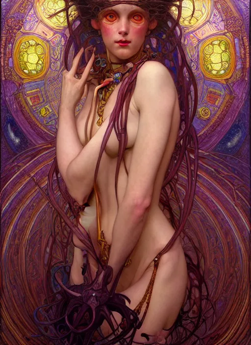 Image similar to hyper detailed masterpiece succubus girl enchantress by donato giancola and tom bagshaw, face by artgerm and edmund leighton, and alphonse mucha, trending on artstation, colorful, psychedelic aesthetic, ornate, background by gustav klimt, 8 k, biomechanical, majestic, volumetric lighting, porcelain skin, concept art, sharp focus
