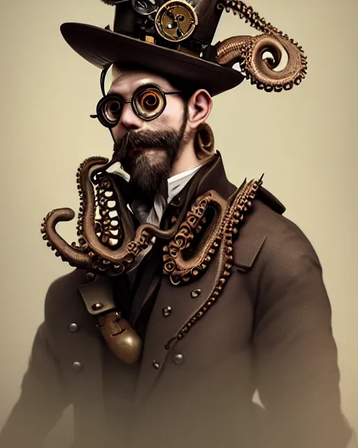 Prompt: steampunk male octopus portrait, handsome, steampunk hat, detective coat, steampunk monocle, complex 3 d render by ilya kuvshinov, peter mohrbacher, greg rutkowski, ryohei hase, dramatic lighting, intricate, highly detailed, sharp focus, luminous, unreal engine, blender, artstation, masterpiece, ray tracing