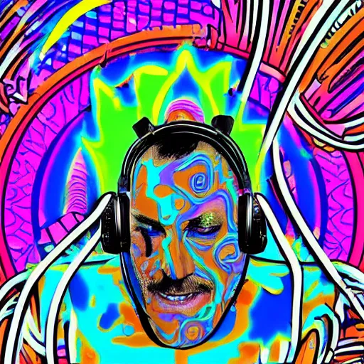 Image similar to svg sticker of a Dancing-Alex-Grey-Psychedelic-Rave-Man, at a rave, spinning records, giant headphones rocking out, wearing headphones, huge speakers, dancing, rave, DJ, spinning records, digital art, amazing composition, rule-of-thirds, award-winning, trending on artstation, featured on deviantart