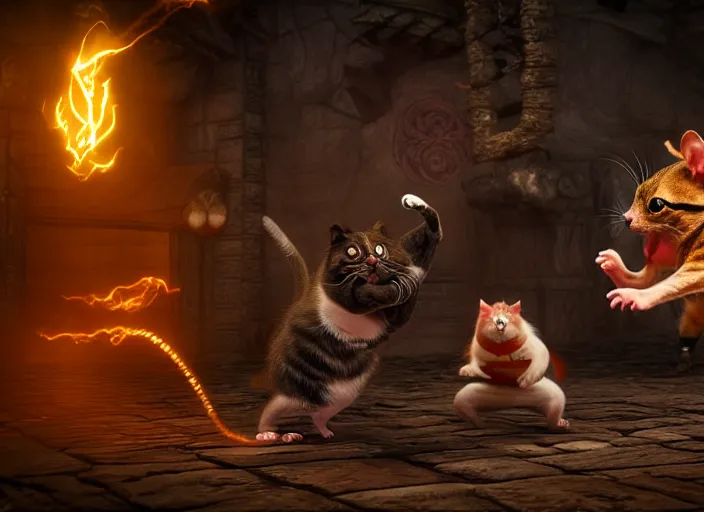 Image similar to hamster fights a cat in mortal kombat on the background of a laughing shao khan. fantasy magic style. highly detailed 8 k. intricate. lifelike. soft light. sony a 7 r iv 5 5 mm. unreal engine with nanite and path tracing