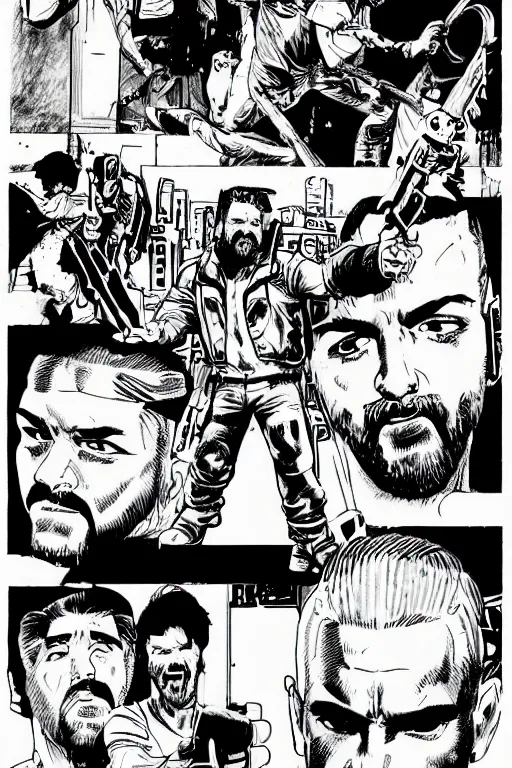 Prompt: billy mays action pose, a page from cyberpunk 2 0 2 0, style of paolo parente, style of mike jackson, adam smasher, johnny silverhand, 1 9 9 0 s comic book style, white background, ink drawing, black and white, colouring pages