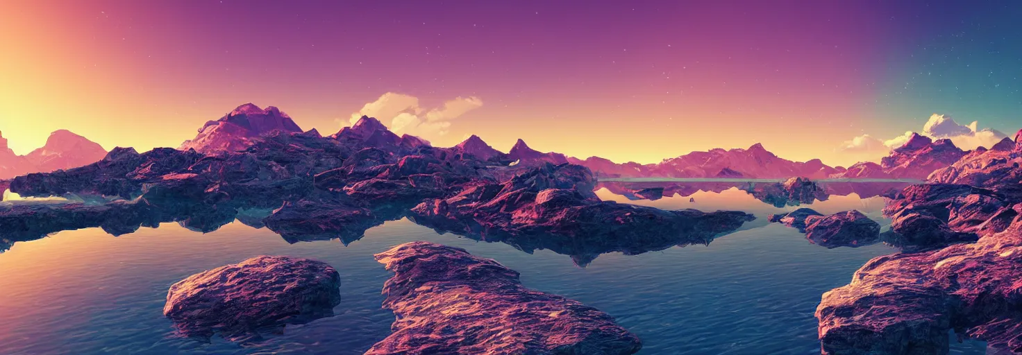 Prompt: super detailed color art, a sinthwave northern sunset with rocks on front, lake in the middle of perspective and mountains at background, unreal engine, retrowave color palette, 3d render, lowpoly, colorful, digital art