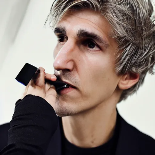 Image similar to a closeup photo of really handsome xqc smoking,