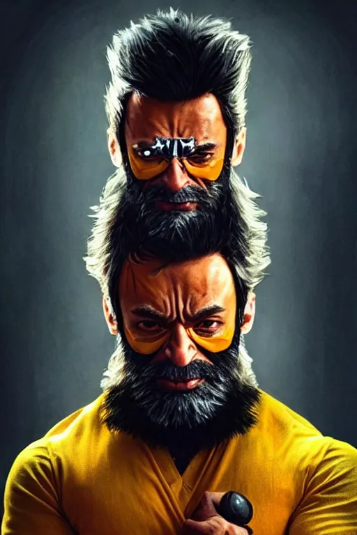 Prompt: Narendra Modi as Hugh Jackman Wolverine, claws are up, yellow X-man costume, Narendra Modi hairstyle and beardstyle, calm, grumpy, portrait, masculine figure, highly detailed, digital painting, artstation, concept art, smooth, sharp focus, illustration, cinematic lighting, art by artgerm and greg rutkowski and alphonse mucha