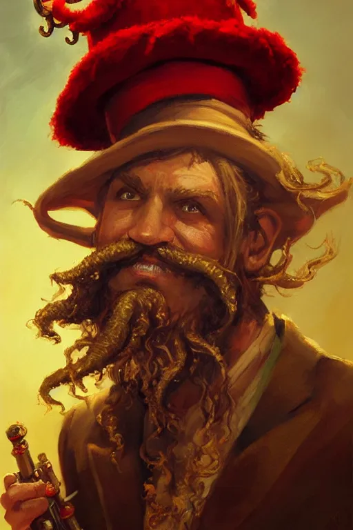 Image similar to A centered portrait of a smug drunken Cthulhu bard with a curly moustache and a large musketeer hat with a red feather by Craig Mullins, HD, broad shoulders::trending on artstation::painted sea on background by Craig Mullins