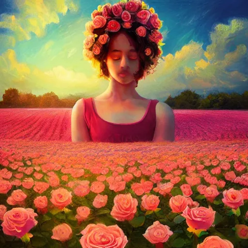Prompt: large rose head, girl floating in a flower field, surreal photography, sunrise dramatic light, impressionist painting, colorful clouds, digital painting, artstation, simon stalenhag