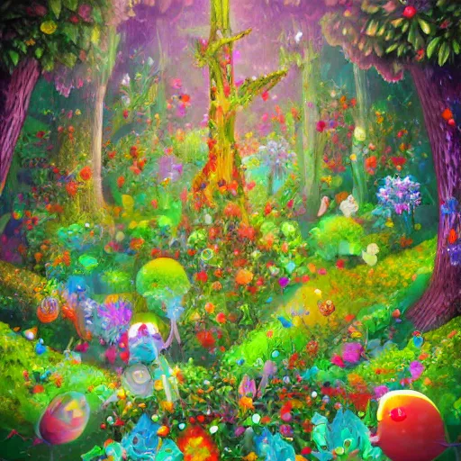 Image similar to colorful, flowery enchanted forest being torn apart by nanobots, by justin totemical, fantasy