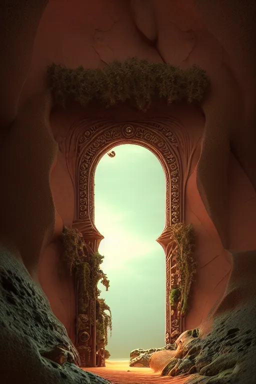 Image similar to ornate doorway to a monolith in a desert lush vegetation, warm tones, night, water reflection : : by michal karcz, daniel merriam, victo ngai and guillermo del toro : : ornate, dynamic, particulate, intricate, elegant, highly detailed, centered, artstation, smooth, sharp focus, octane render, 3 d