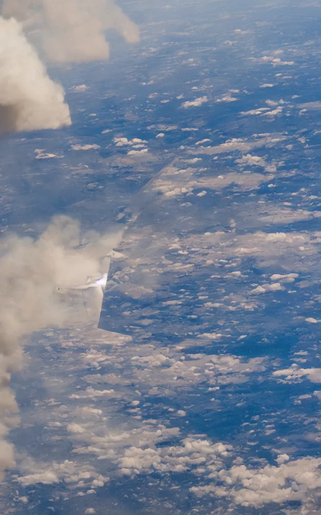 Image similar to a photograph out of a plane window, the plane engine is burning