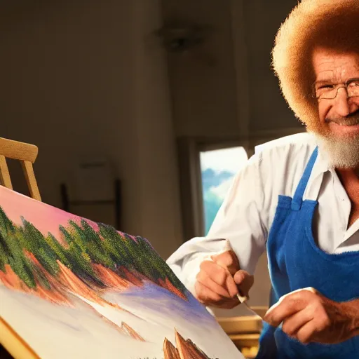 Image similar to a closeup photorealistic photograph of bob ross working on a canvas painting of the cookie monster. film still. brightly lit scene. mountains and trees. this 4 k hd image is trending on artstation, featured on behance, well - rendered, extra crisp, features intricate detail, epic composition and the style of unreal engine.