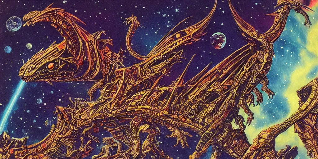 Prompt: an alien dragon flying through outer space, epic nebula, style of philippe druillet matte illustration