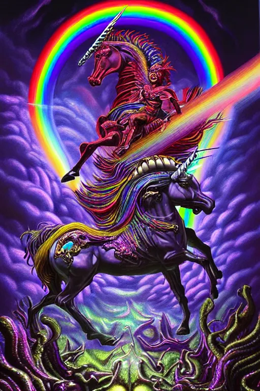 Image similar to a hyperrealistic painting of an epic boss fight against a rainbow shaded unicorn vs an ornate supreme dark overlord, cinematic horror by chris cunningham, lisa frank, richard corben, highly detailed, vivid color,