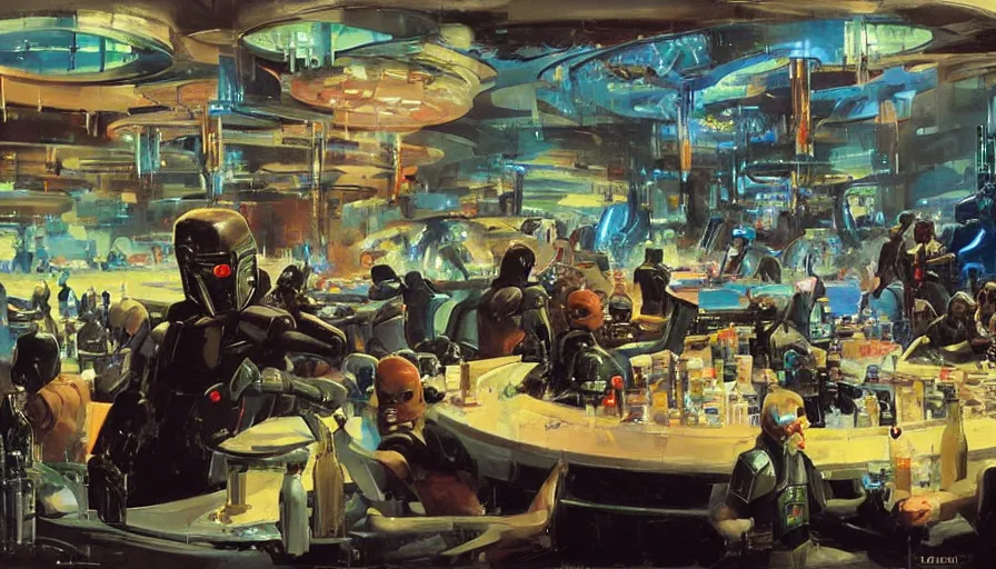 Image similar to Bounty hunters drinking in a futuristic bar surrounded by strange alien creatures, concept art by Ralph McQuarrie, by John Berkey, oil on canvas, highly detailed, science fiction