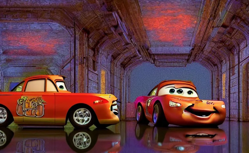 Image similar to mater from cars in a mirrored fractal hallway, romance novel cover, in 1 9 9 5, y 2 k cybercore, low - light photography, still from a ridley scott movie