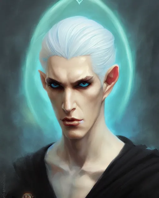 Prompt: character portrait of a slender young half elven man with white hair, piercing bright blue eyes, and pale bluish skin, by greg rutkowski, mark brookes, jim burns, tom bagshaw, trending on artstation
