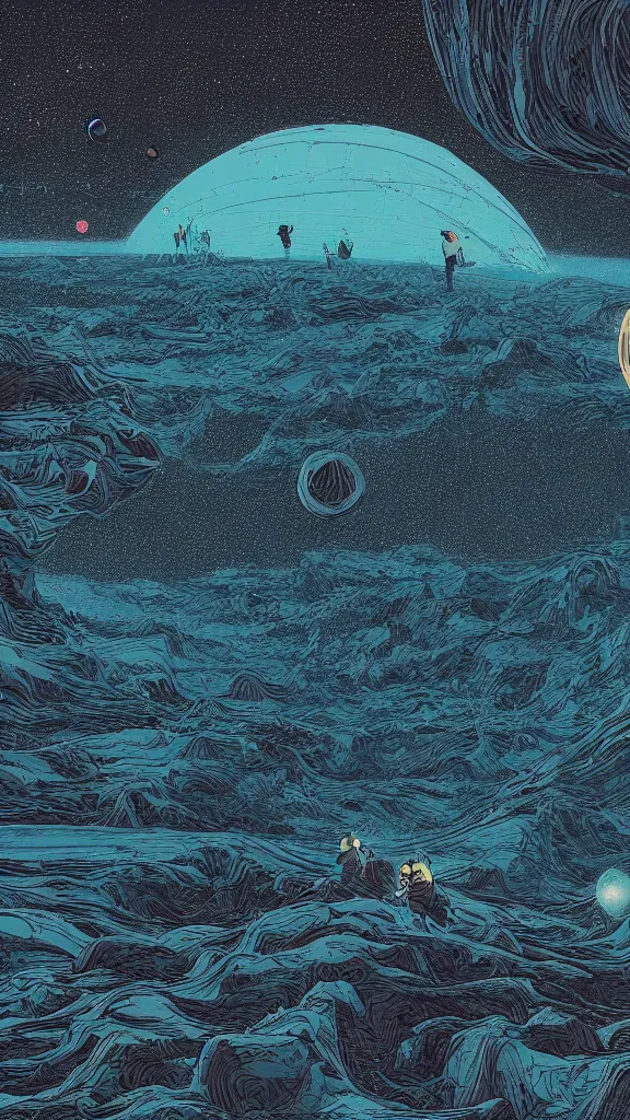 Image similar to highly detailed illustration of two planets colliding at night as seen from the beach by kilian eng, moebius, nico delort, oliver vernon, joseph moncada, damon soule, manabu ikeda, 4 k resolution