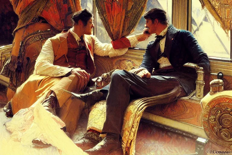 Image similar to 2 attractive men sitting on a coach, painting by gaston bussiere, craig mullins, greg rutkowski, alphonse mucha