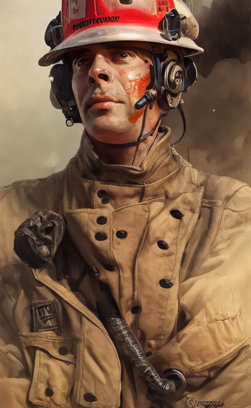 Prompt: portrait of a male firefighter wearing a firefighter suit, bruised, covered in dirt, confident and proud, intricate, headshot, highly detailed, digital painting, artstation, concept art, sharp focus, cinematic lighting, illustration, art by artgerm and greg rutkowski, alphonse mucha, cgsociety