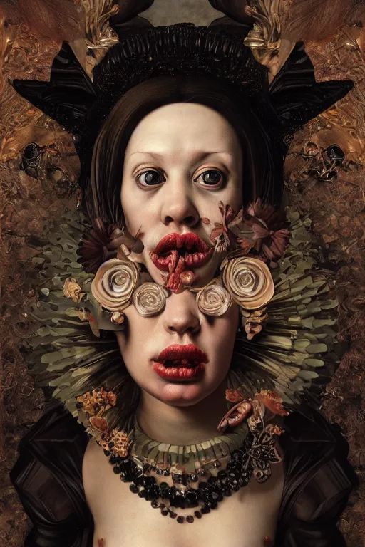 Image similar to Detailed maximalist portrait with large lips and with large wide eyes, surprised expression, extra flesh and eyes, HD mixed media, 3D collage, highly detailed and intricate, surreal illustration in the style of Caravaggio, dark art, baroque
