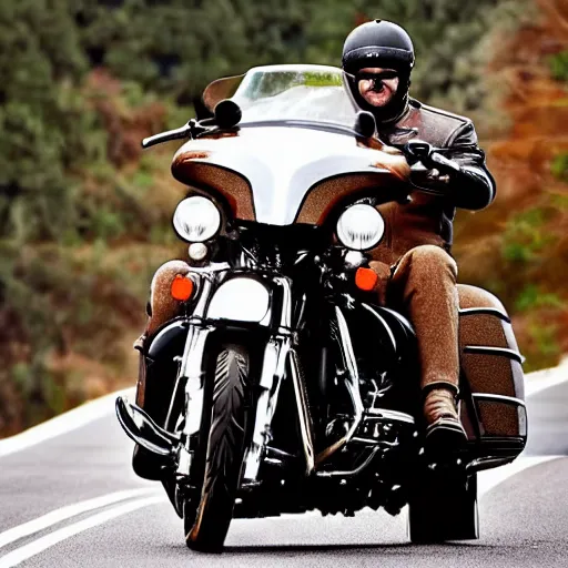 Prompt: Turkey on a Harley Davidson motorcycle, wearing a helmet, award-winning photography