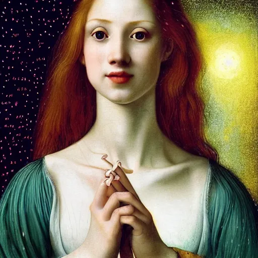 Image similar to portrait of a happy young woman, among the lights of golden fireflies and nature, long loose red hair, intricate details, green eyes, hint of freckles, round gentle face, gorgeous dress, deep focus, smooth, sharp, golden ratio, hyper realistic digital art by artemisia lomi gentileschi and leonardo da vinci and artgerm