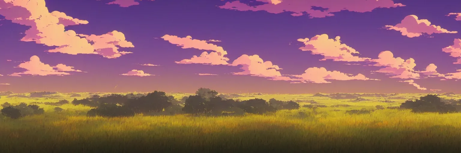 Prompt: a distant synthwave city on the horizon at dusk, a field of prairie grass, pretty clouds, atmospheric nighttime, screenshot from the anime by studio ghibli and makoto shinkai