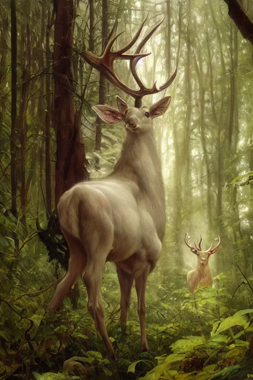 Image similar to Magical White Stag in the distance, lush green deep forest, cold light, art nouveau, 4K, character concept art, oil painting, digital painting, painterly, trending in artstation, cgsociety, by Alphonse Mucha, Artgerm, Greg Rutkowski, Tom Bagshaw, Sargent