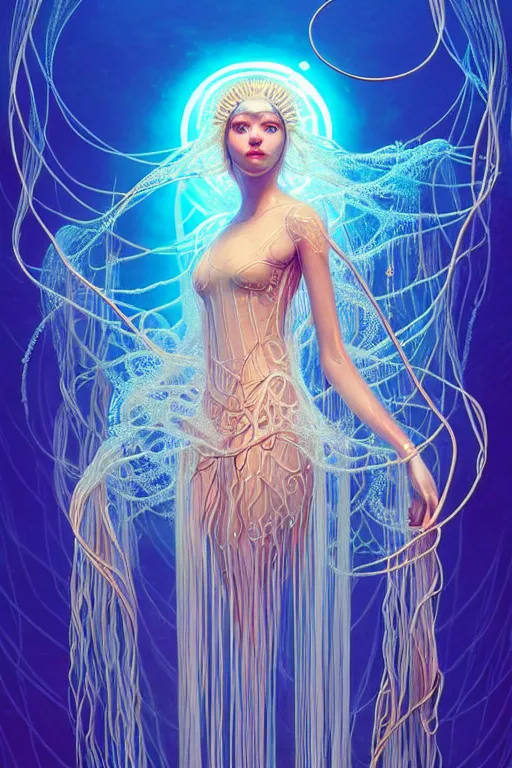 Prompt: beautiful spaghetti jellyfish goddess underwater, ethereal art deco, fantasy, intricate underwater ocean designs, elegant, highly detailed swimmer, sharp focus, art by artgerm and beeple and greg rutkowski and wlop