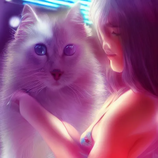 Prompt: beautiful cybergirl playing with a white cute cat in the neon room photorealistic, blade runner movie, digital art, highly detailed