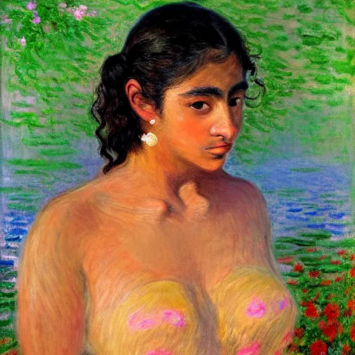 Image similar to beautiful tan latina woman, landscape, prominent rosy cheek bones, black hair and brown eyes, monet and da vinchi art style,